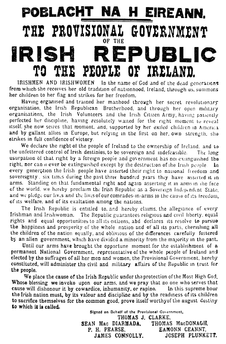 The 1916 Proclamation of the Irish Republic, a printed poster headed Poblacht na hÉireann, with the names of its seven signatories at the bottom