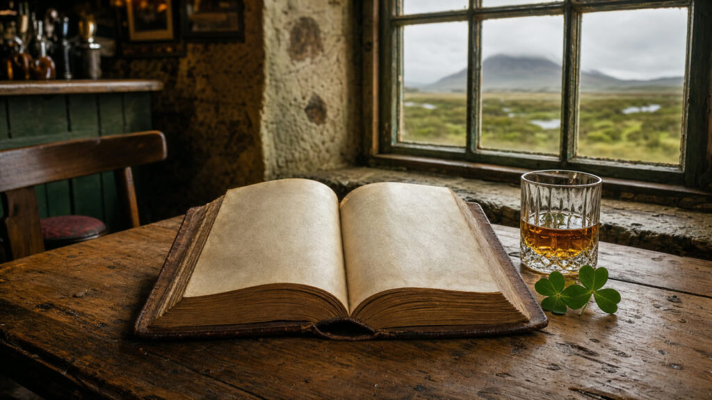 An old dictionary on a pub table beside a glass of Irish whiskey and a three-leaf shamrock, with a bog landscape outside