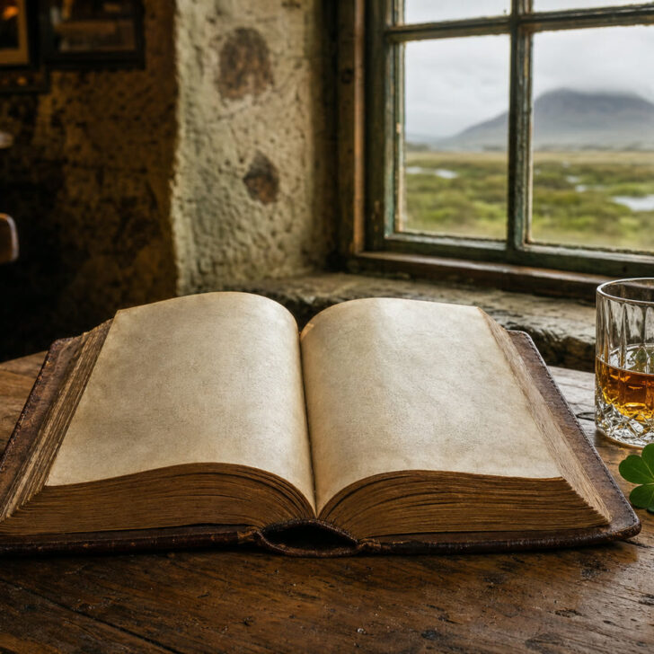An old dictionary on a pub table beside a glass of Irish whiskey and a three-leaf shamrock, with a bog landscape outside