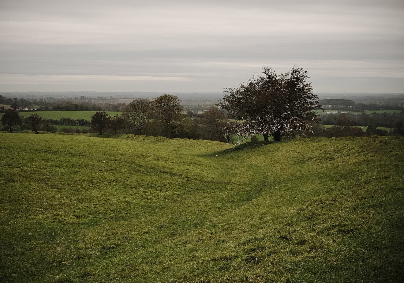 A tree hung with pale ribbons and offerings, standing on the grassy earthen banks of R&aacute;th na R&iacute;ogh on the Hill of Tara, with the flat Meath countryside beyond
