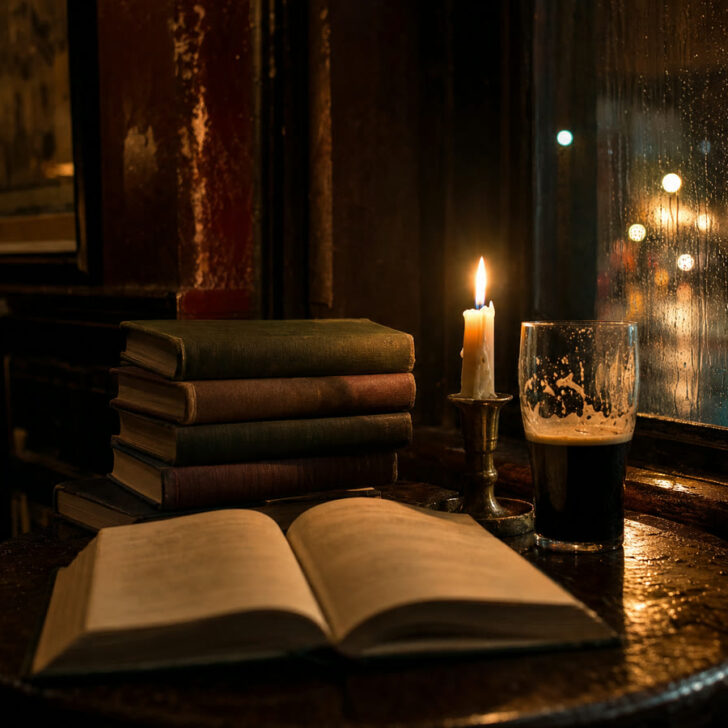 Old poetry books, a candle and a pint on a wooden table by a rain-streaked window in an Irish pub