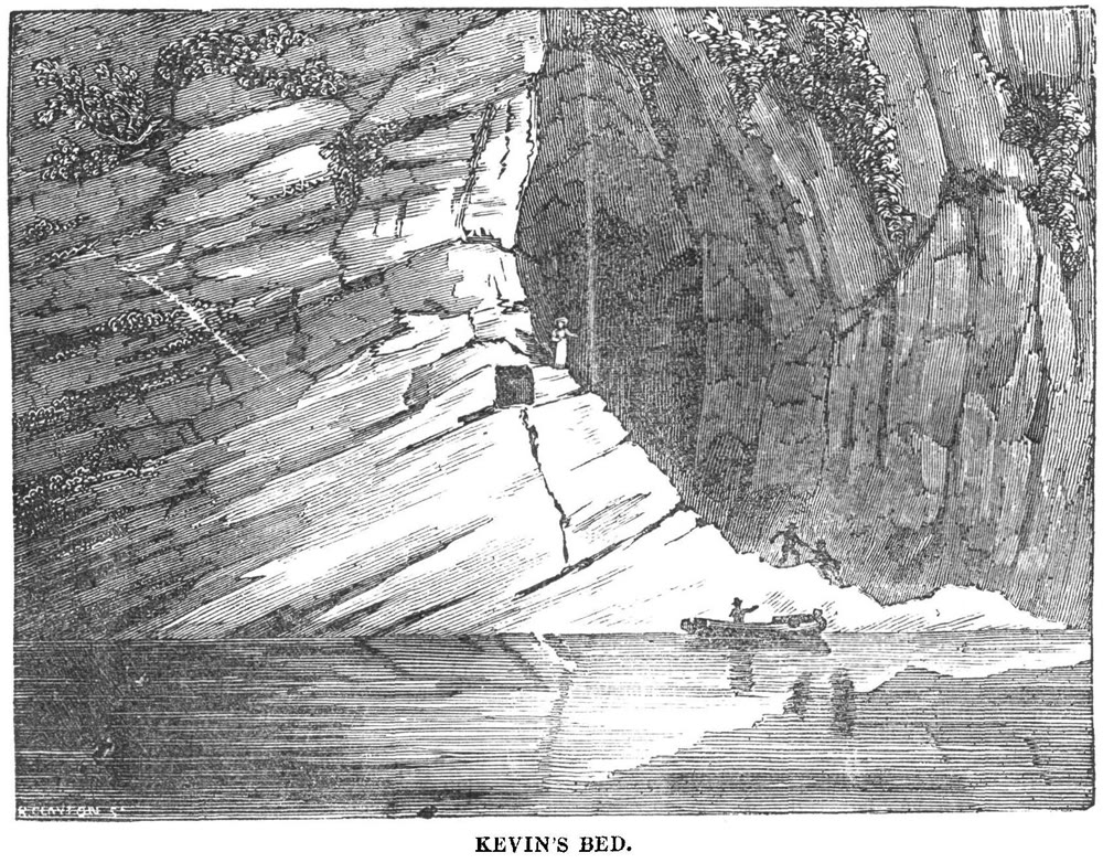 1835 engraving of the sheer cliff above Glendalough's Upper Lake, with the small opening of St Kevin's Bed, a figure on the ledge beside it and a rowing boat on the water below