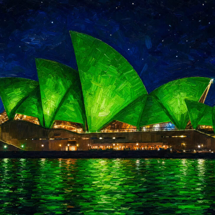 Painting of the Sydney Opera House lit green at night for St Patrick’s Day, reflected in the harbour