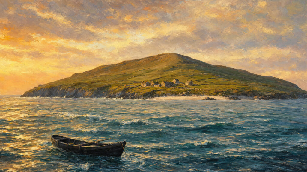 Painted view of the Great Blasket Island from the sea at golden hour, with stone cottages on the slope and a currach