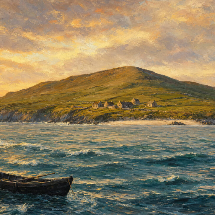 Painted view of the Great Blasket Island from the sea at golden hour, with stone cottages on the slope and a currach