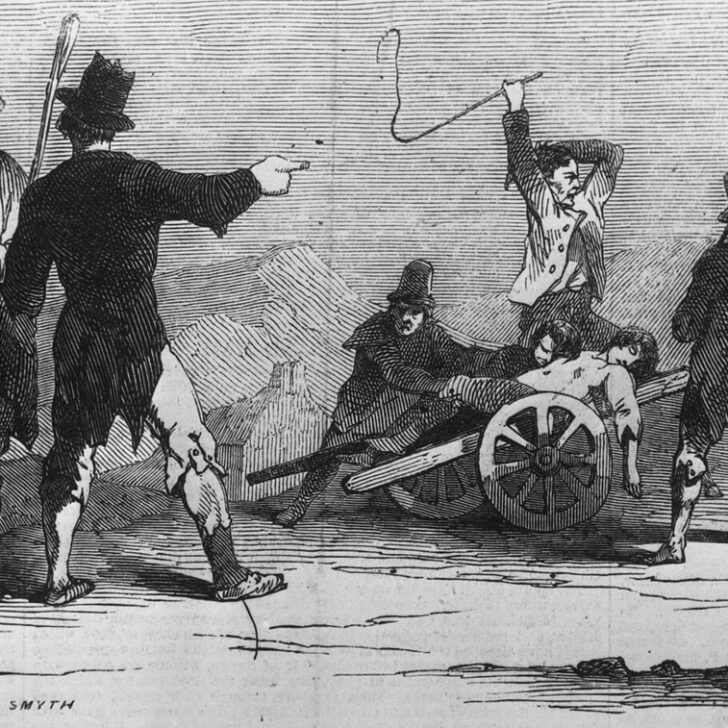 Illustrated London News engraving from 1847: a Famine funeral at Skibbereen, with a body carried on a cart past ragged, grieving men
