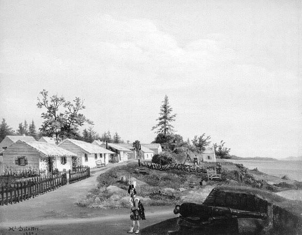 1850 painting of the Grosse Île quarantine station: low white wooden buildings beside a dirt road, a soldier in a kilt near a cannon, and the St Lawrence River beyond