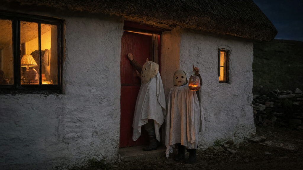 Two children in homemade masks and sheets at a cottage door on Halloween night, one holding a carved turnip lantern