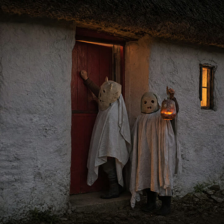 Two children in homemade masks and sheets at a cottage door on Halloween night, one holding a carved turnip lantern