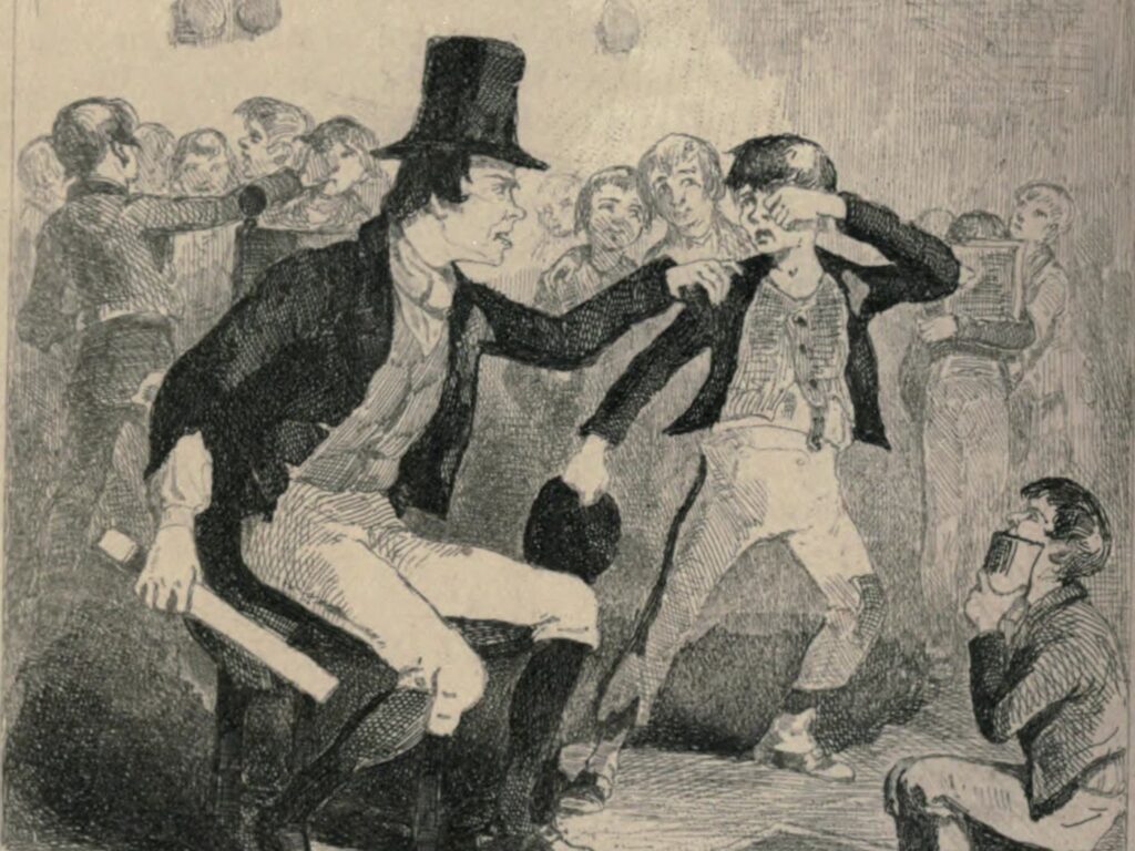 Illustration from William Carleton's 1843 story The Hedge School: a schoolmaster in a top hat grips a pupil by the collar in a crowded cabin classroom