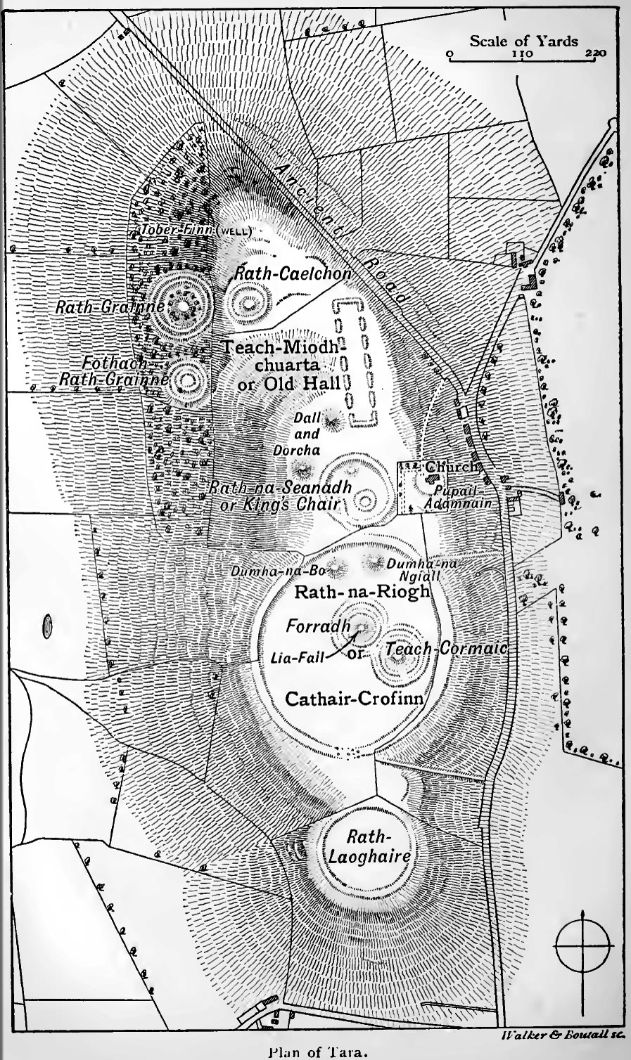 Engraved 1903 plan of the Hill of Tara with its traditional names, including Rath-na-Riogh, the Forradh with the Lia Fail, Teach-Cormaic, Dumha-na-Ngiall, Rath-na-Seanadh, Teach-Miodhchuarta, Rath-Grainne and Rath-Laoghaire