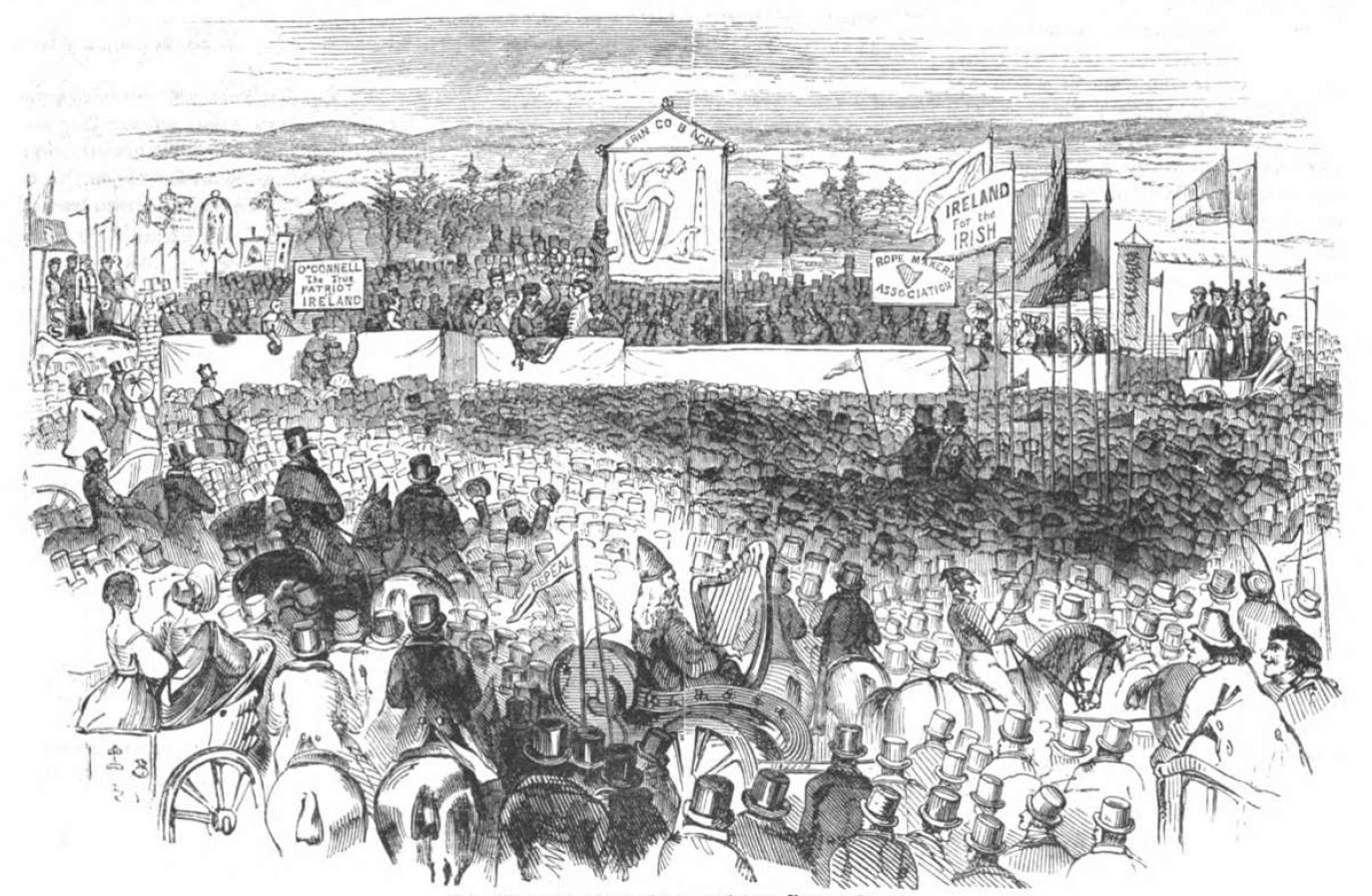 1843 wood engraving of a vast crowd in top hats around a speakers' platform with banners reading "O'Connell the true patriot of Ireland" and "Ireland for the Irish", and a harper riding in a carriage in the foreground