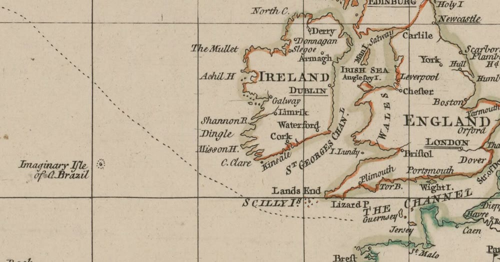 Detail of a hand-coloured 1753 chart showing Ireland, Wales and England, with a tiny dotted circle far out in the open sea west of southern Ireland labelled Imaginary Isle of O. Brazil