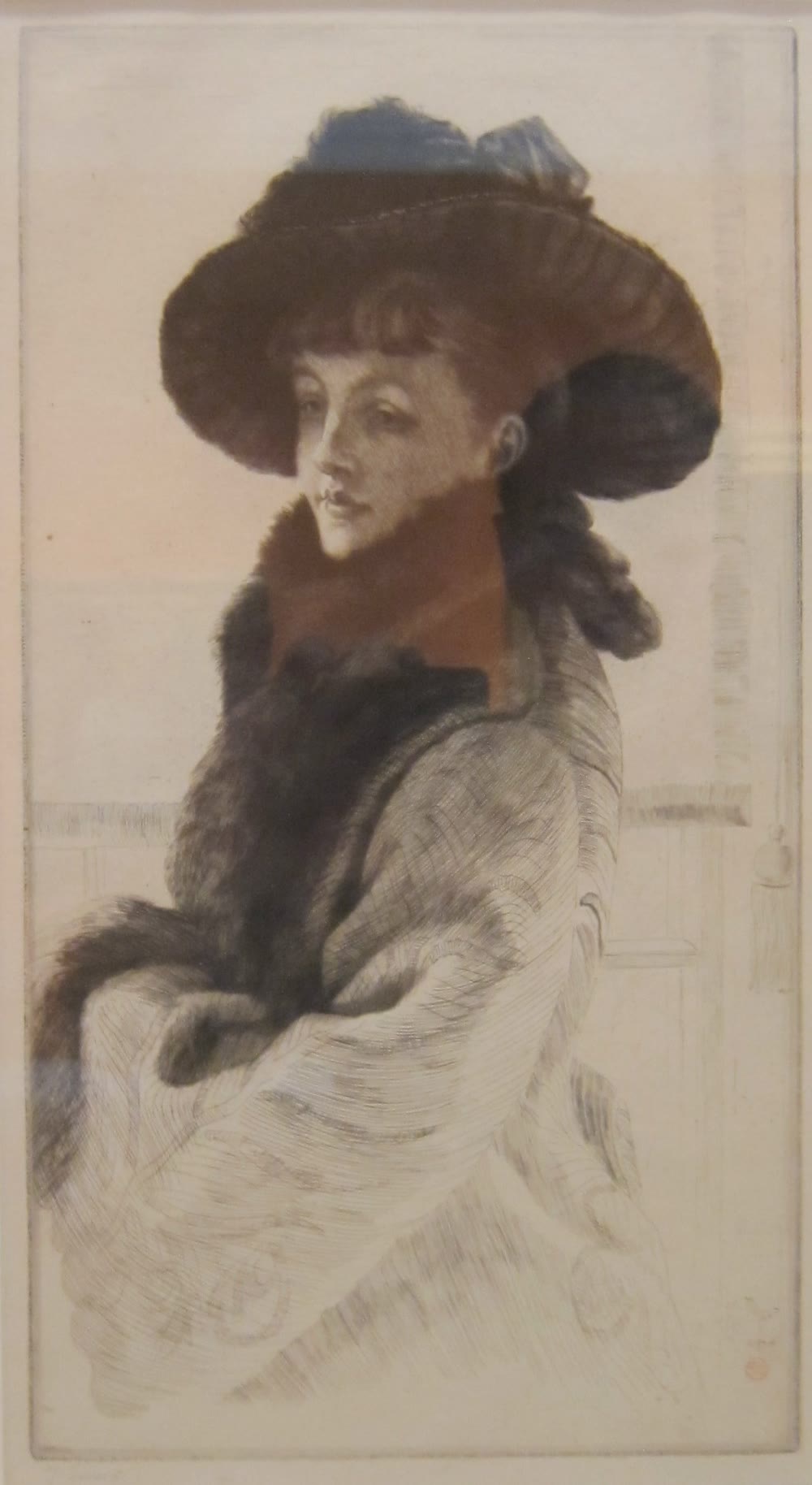 James Tissot's 1877 etching Mavourneen: a young woman in a wide-brimmed hat and a fur-trimmed coat, glancing over her shoulder