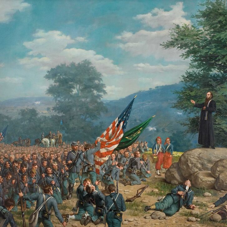 Painting of Father William Corby standing on a rock giving absolution to the kneeling Irish Brigade at Gettysburg, 1863