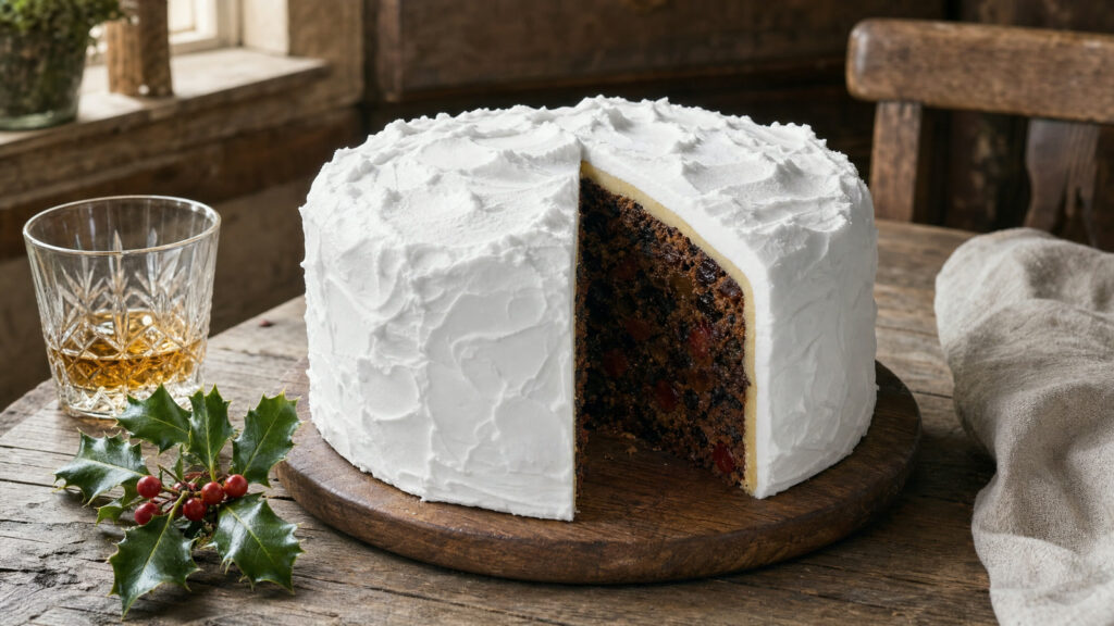 A traditional Irish Christmas cake with snowy royal icing and a slice cut out to show the dark fruit inside, on a wooden board with a glass of whiskey