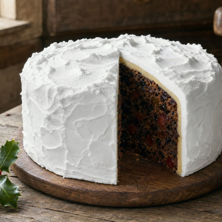 A traditional Irish Christmas cake with snowy royal icing and a slice cut out to show the dark fruit inside, on a wooden board with a glass of whiskey