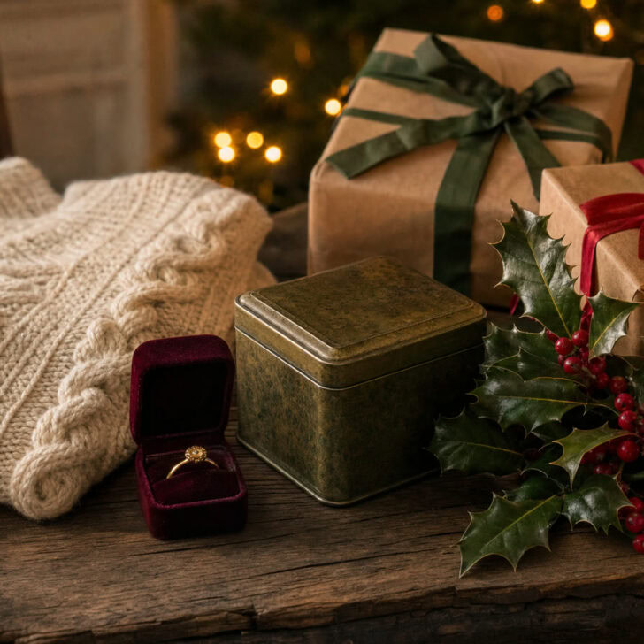 Irish Christmas gifts on a wooden table: a cream Aran knit, a ring box, a tin of tea and presents tied with green ribbon