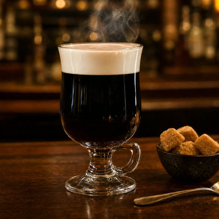 A classic Irish coffee in a stemmed glass, with a layer of cream floating on dark coffee, on a wooden bar beside brown sugar cubes