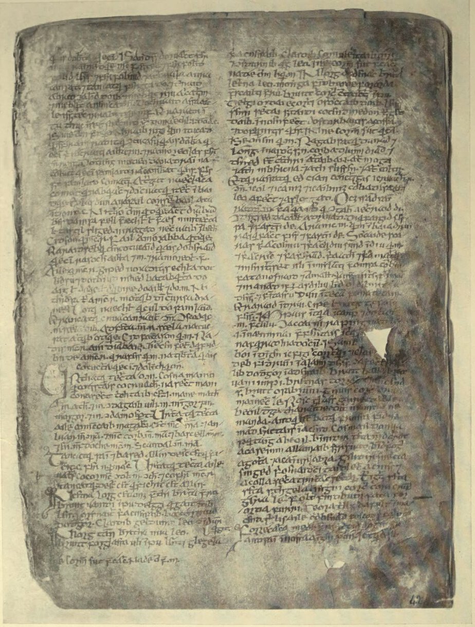 A worn vellum page of the Book of Leinster covered in two columns of dense medieval Irish handwriting