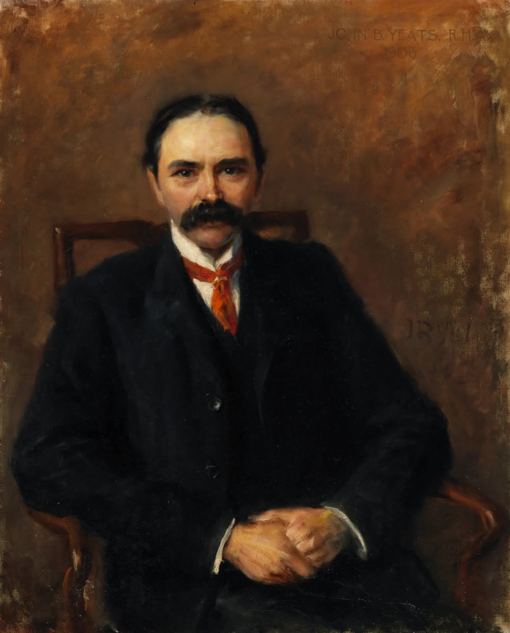 Oil portrait of Douglas Hyde in 1906: a seated man with dark hair and a thick moustache, in a black suit and an orange neckerchief, hands folded in his lap
