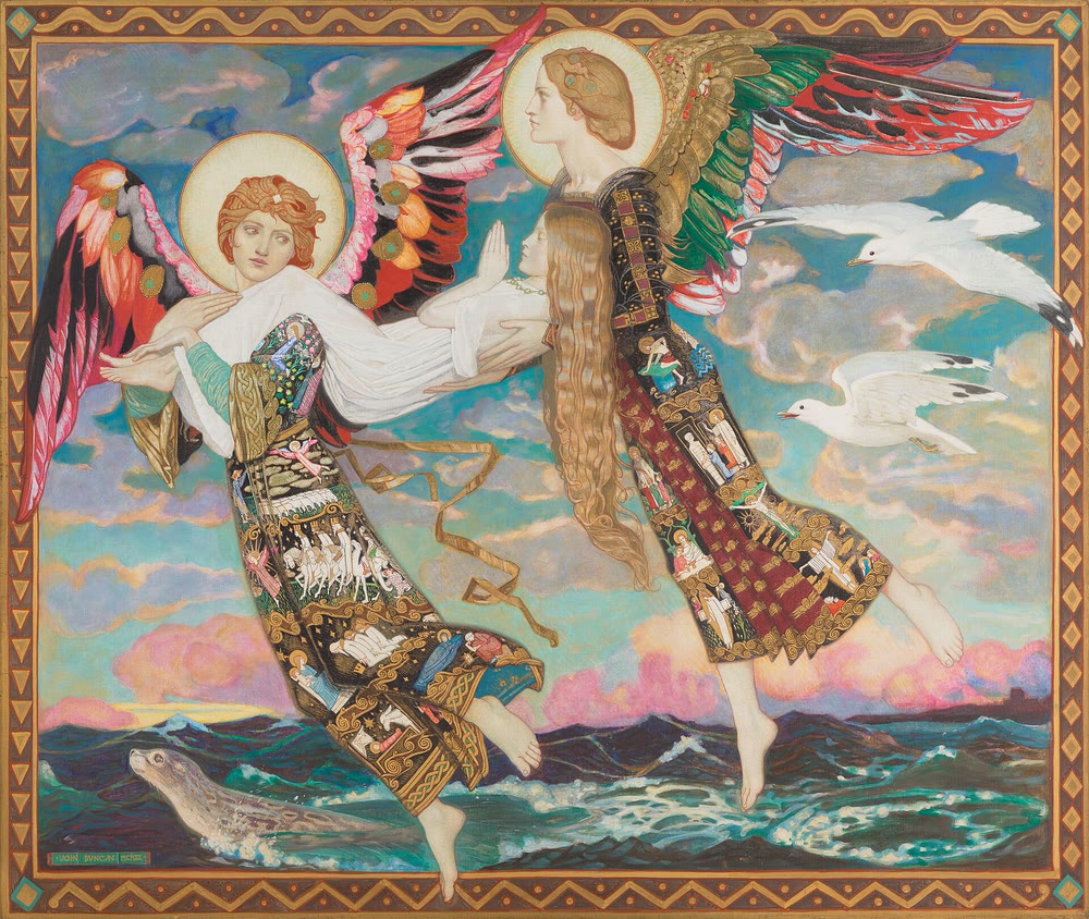 Painting of two winged angels in richly patterned robes carrying the young St Brigid, dressed in white with her hands joined in prayer, over a dark green sea, with gulls in the sky and a seal in the waves