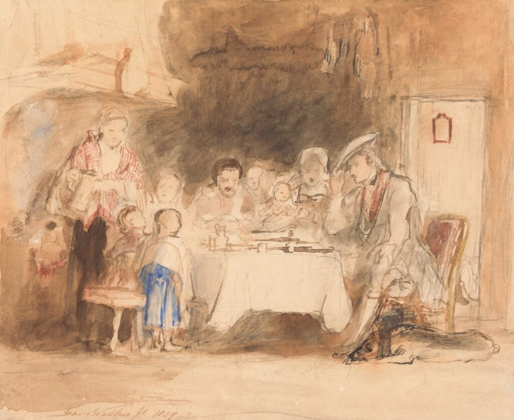 A loose watercolour sketch of a large family gathered round a table covered with a white cloth, heads bowed for grace, a mother standing with a child at the left and a man in a hat at the right, a dog asleep on the floor