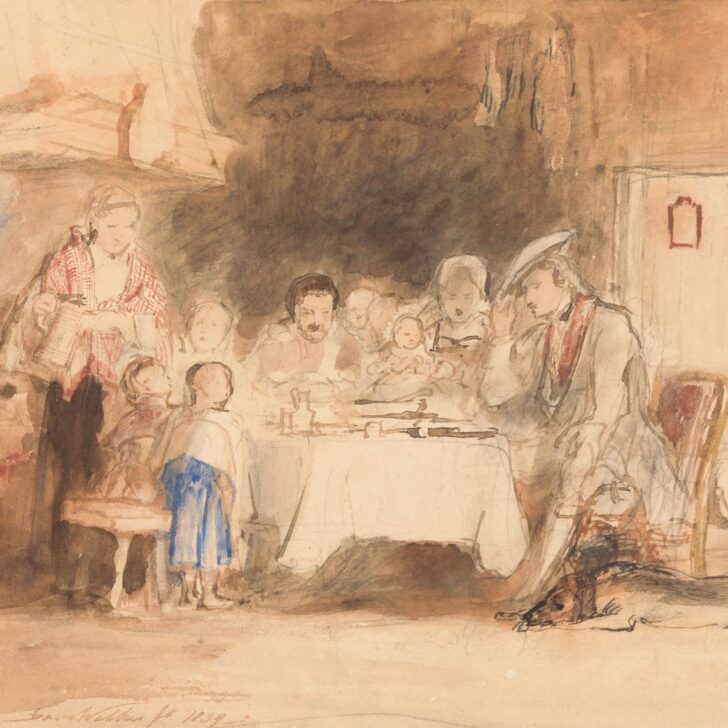 A loose watercolour sketch of a large family gathered round a table covered with a white cloth, heads bowed for grace, a mother standing with a child at the left and a man in a hat at the right, a dog asleep on the floor