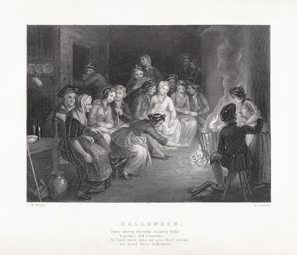 Nineteenth-century engraving of country people crowded into a cottage kitchen on Halloween, with a young woman crouching to put nuts on the glowing fire while the others watch
