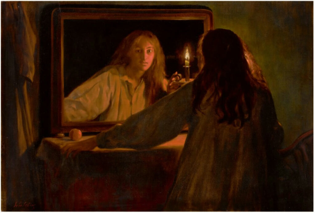 Painting of a long-haired young woman seen from behind, seated at a candlelit mirror at night with an apple on the table, her pale reflected face staring out of the glass