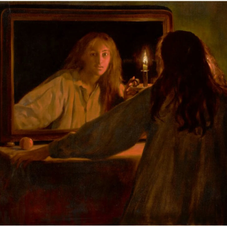Painting of a long-haired young woman seen from behind, seated at a candlelit mirror at night with an apple on the table, her pale reflected face staring out of the glass