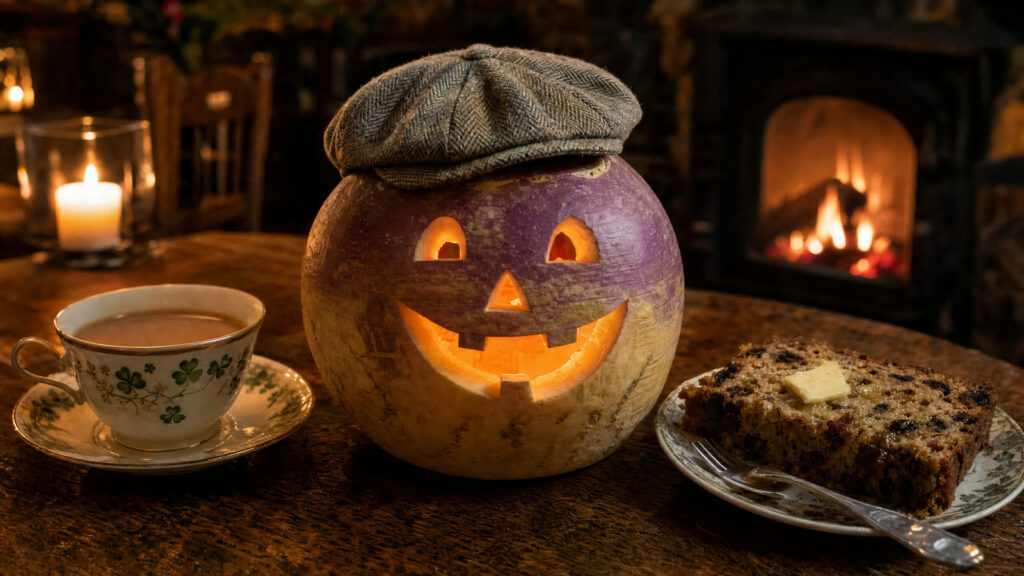 A carved turnip jack-o'-lantern wearing a tiny flat cap on a pub table beside barmbrack and a cup of tea