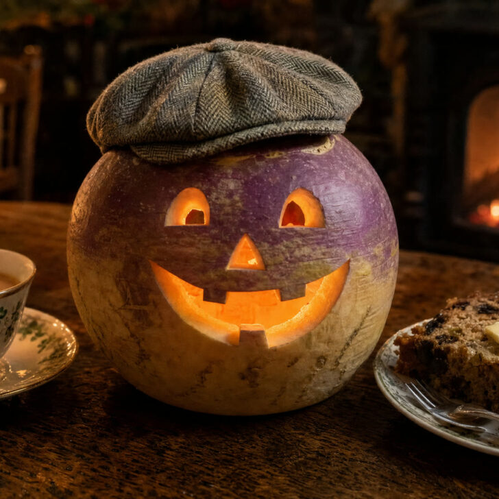 A carved turnip jack-o'-lantern wearing a tiny flat cap on a pub table beside barmbrack and a cup of tea