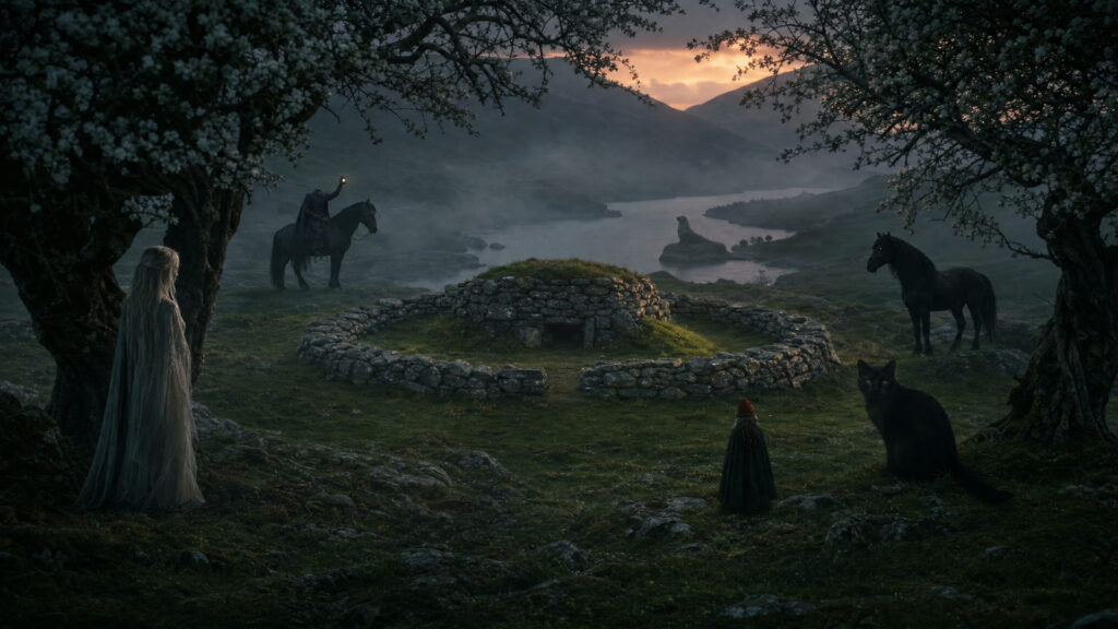 A misty Irish fairy fort at twilight with the silhouettes of folklore creatures among the hawthorn trees
