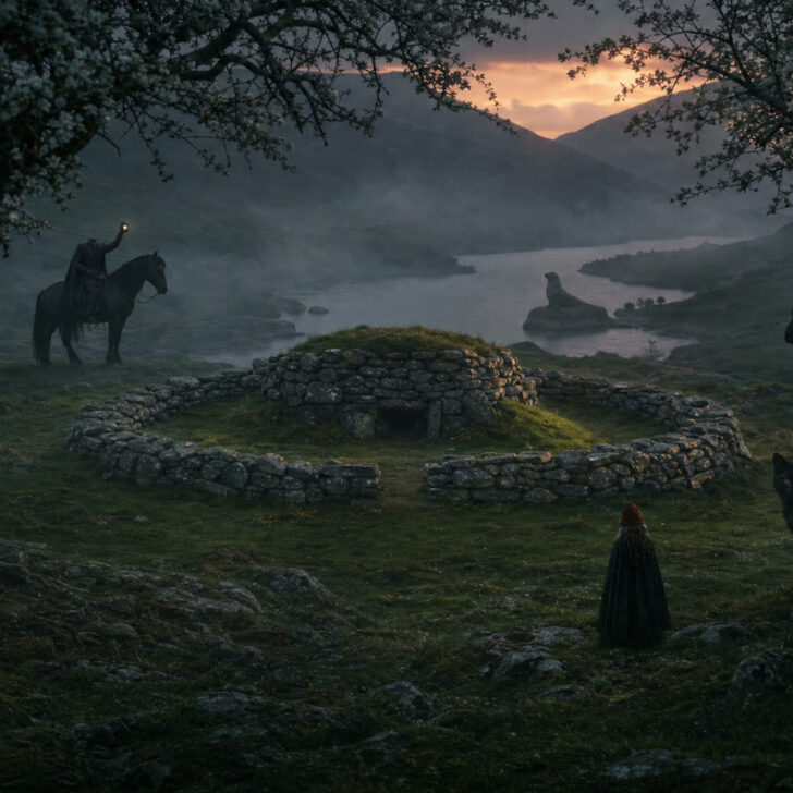 A misty Irish fairy fort at twilight with the silhouettes of folklore creatures among the hawthorn trees