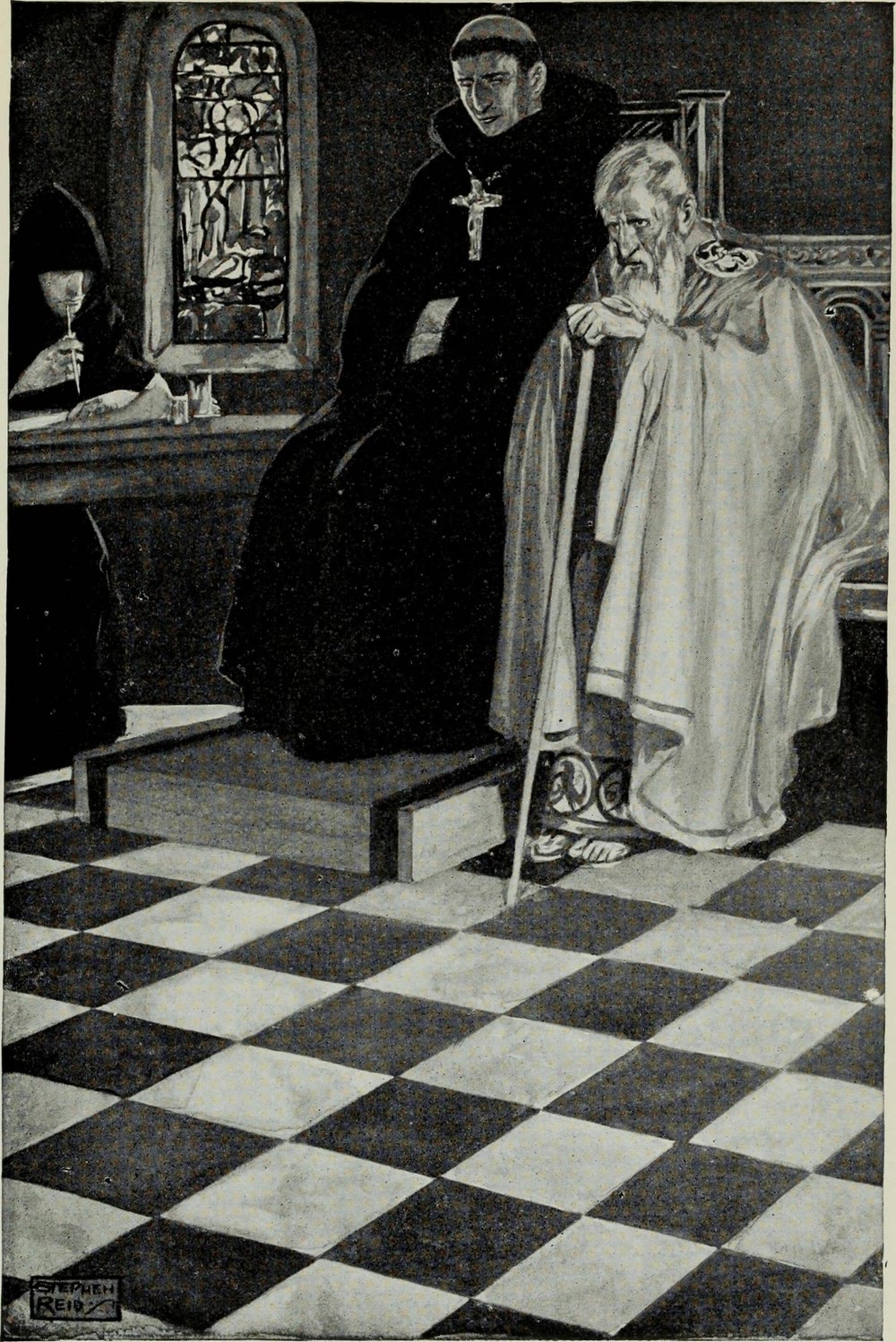 Black-and-white illustration of a white-bearded old warrior in a pale cloak leaning on a staff beside a seated monk wearing a crucifix, while a hooded scribe writes at a desk beneath a stained-glass window