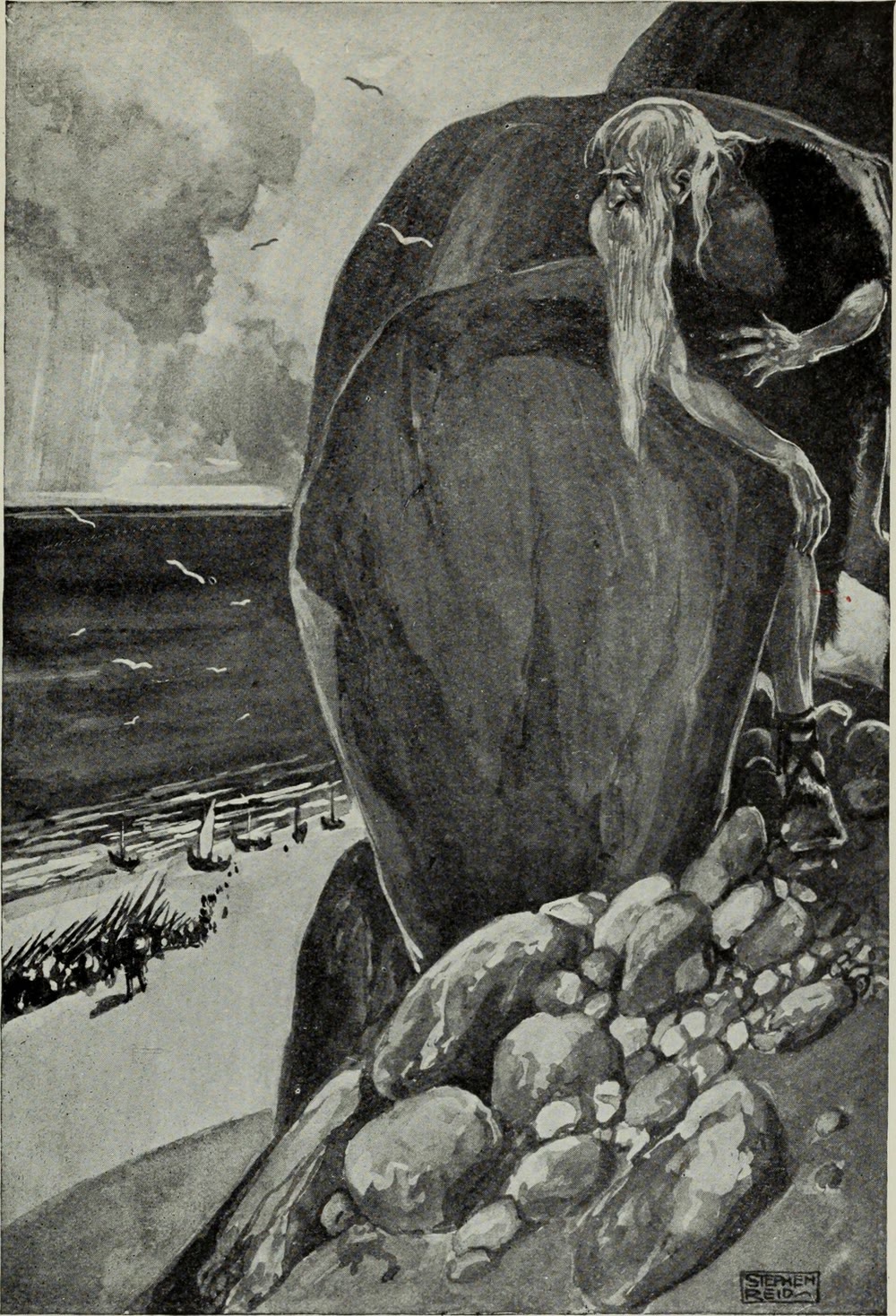 Black-and-white illustration of a long-bearded old man peering out from behind a great boulder on a clifftop, with the sea, ships and a line of marching figures on the shore far below