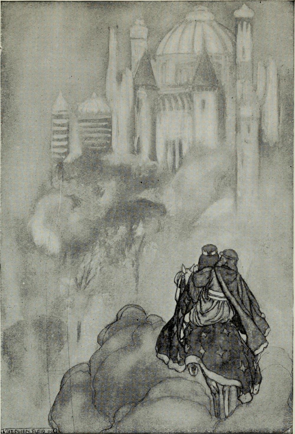 Black-and-white illustration of two riders on one horse, seen from behind, climbing through drifting cloud towards a white palace of domes and towers