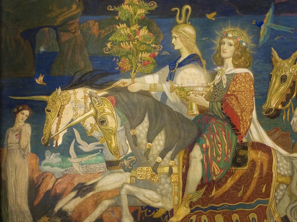 Detail of John Duncan's painting The Riders of the Sidhe: two richly dressed riders on horses in golden horned masks, one rider holding a flowering branch and the other a golden cup, with a rocky sea cove behind and a young woman watching from the shore