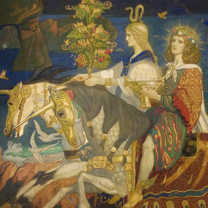 Detail of John Duncan's painting The Riders of the Sidhe: two richly dressed riders on horses in golden horned masks, one rider holding a flowering branch and the other a golden cup, with a rocky sea cove behind and a young woman watching from the shore