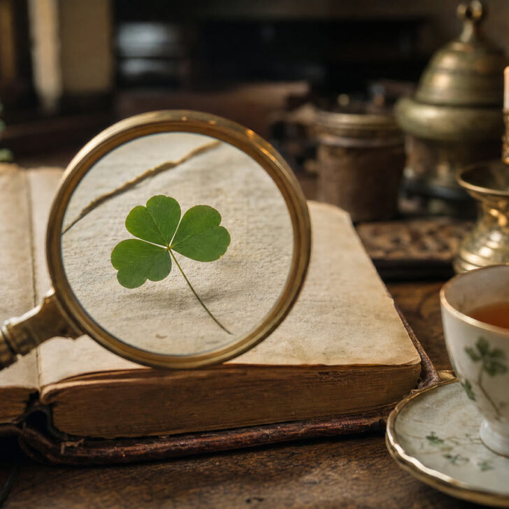 A magnifying glass over a sprig of three-leaf shamrock on an old open book, beside a cup of tea