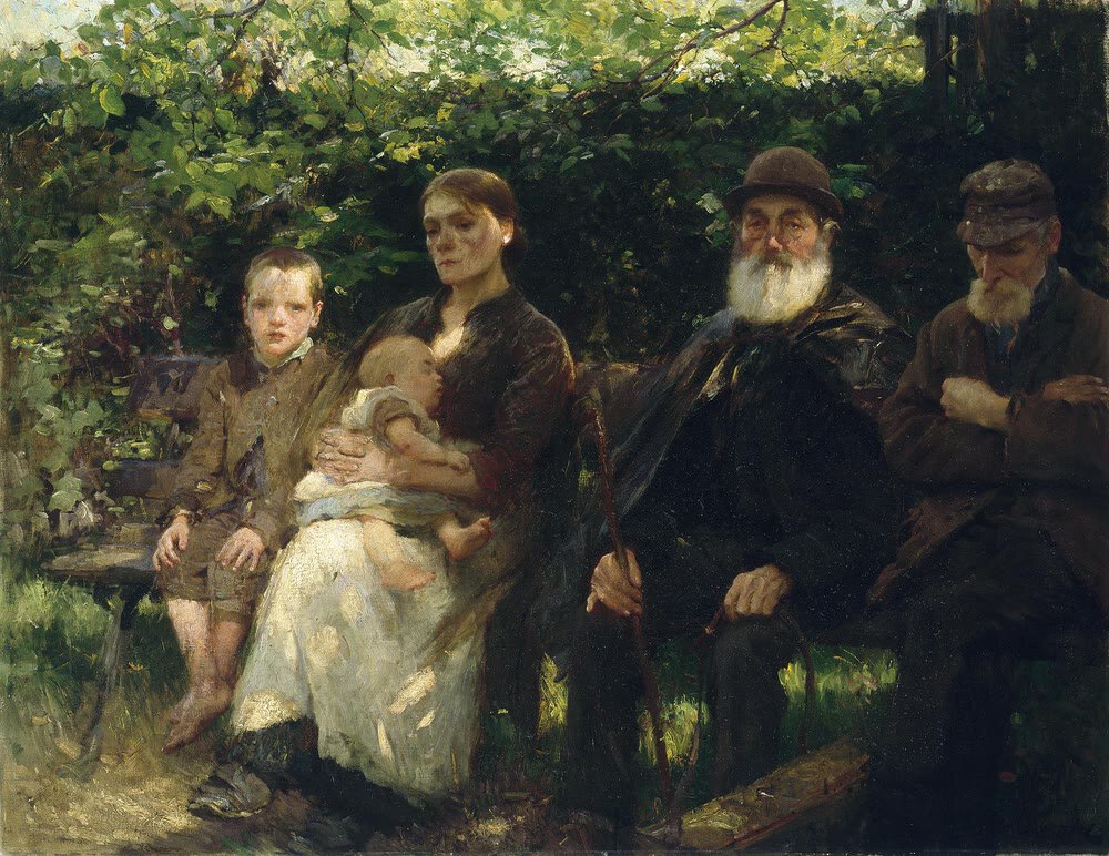 Walter Osborne painting of a park bench in dappled shade: a barefoot boy, a young mother holding a sleeping baby, and two elderly bearded men in hats, one holding a walking stick