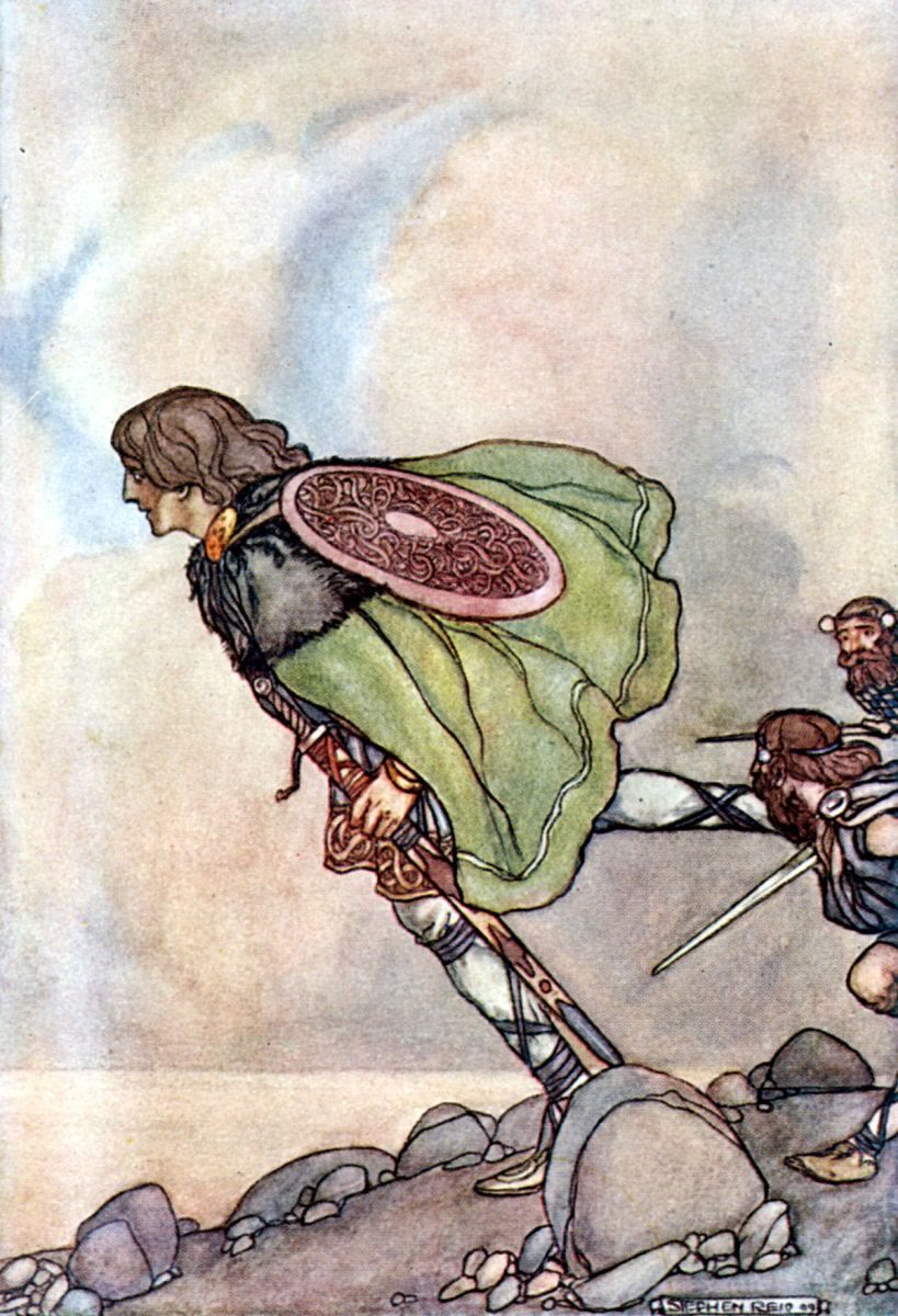 Painted illustration of a long-haired warrior in a green cloak with a round decorated shield on his back, running over rocks with other warriors close behind