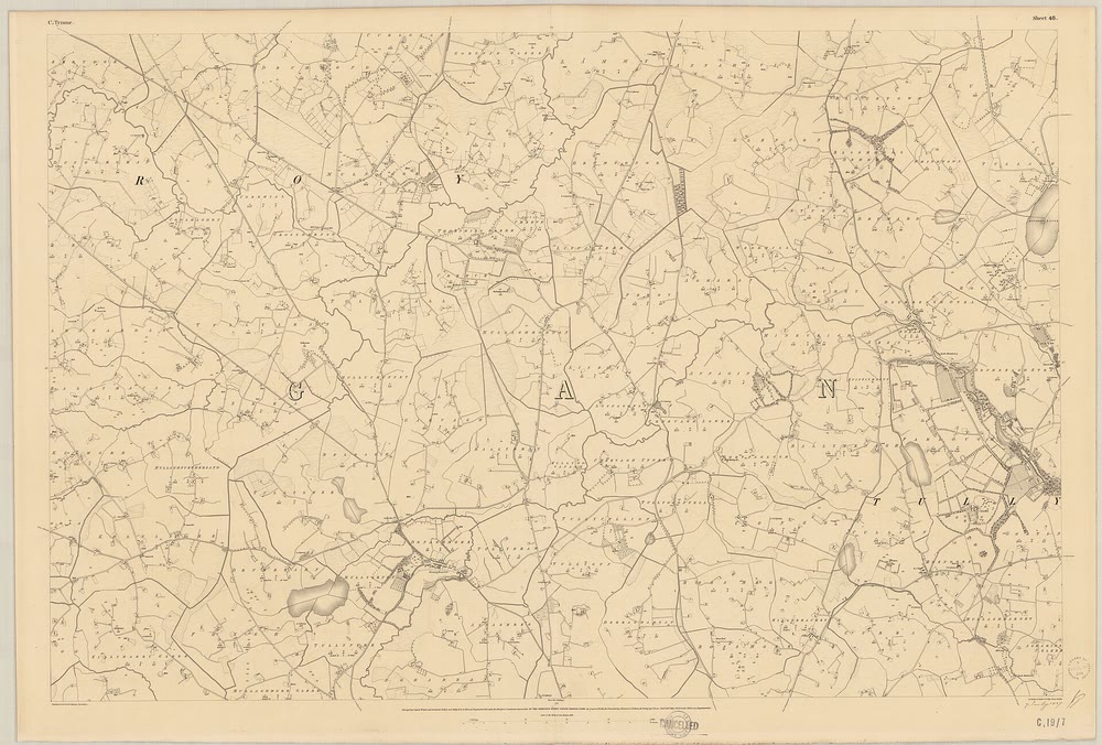 An 1837 Ordnance Survey six-inch map sheet of County Tyrone, criss-crossed with field and townland boundaries, roads, streams and small lakes, with tiny engraved place names