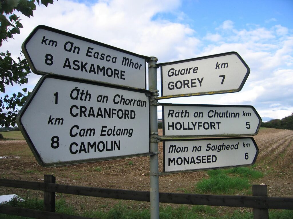 A bilingual Irish road fingerpost near Craanford, Co. Wexford, with white arms pointing to Áth an Chorráin/Craanford, Cam Eolaing/Camolin, Guaire/Gorey, An Easca Mhór/Askamore, Ráth an Chuilinn/Hollyfort and Móin na Saighead/Monaseed beside a ploughed field