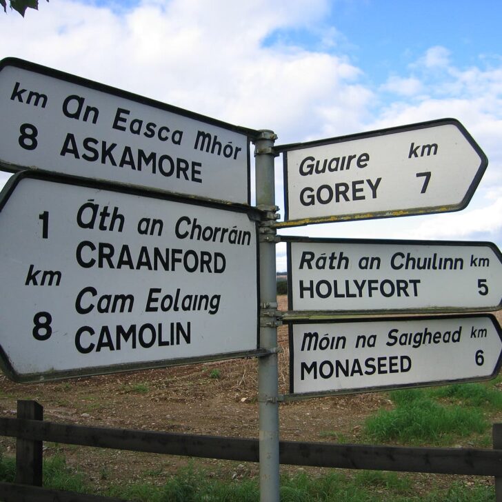 A bilingual Irish road fingerpost near Craanford, Co. Wexford, with white arms pointing to Áth an Chorráin/Craanford, Cam Eolaing/Camolin, Guaire/Gorey, An Easca Mhór/Askamore, Ráth an Chuilinn/Hollyfort and Móin na Saighead/Monaseed beside a ploughed field