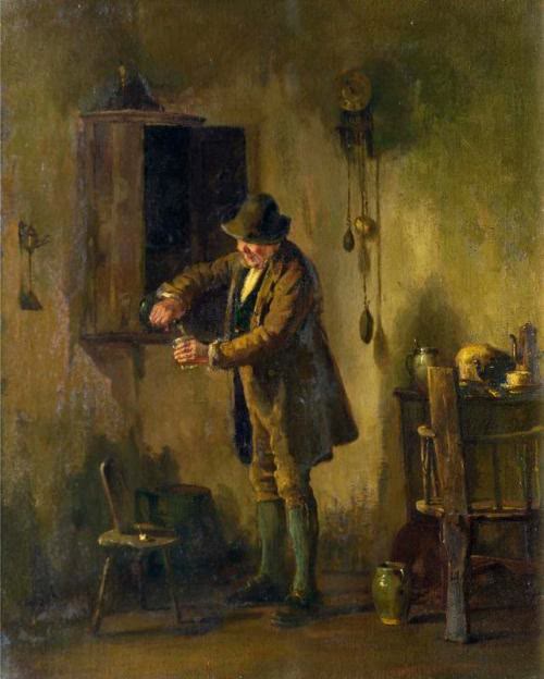 Painting of an old man in a hat pouring a drink from a wall cupboard in a dim Irish cottage kitchen