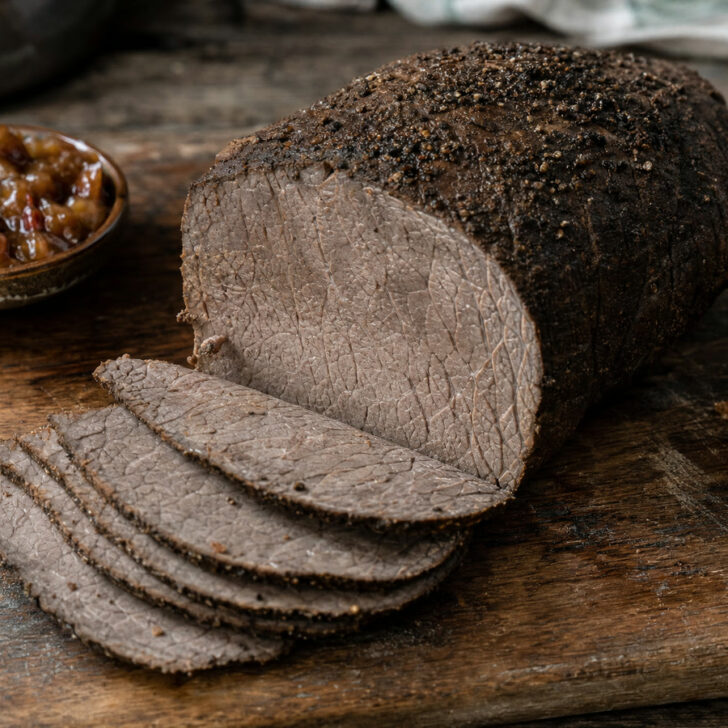 Irish spiced beef on a wooden board with thin grey-brown slices, brown bread and chutney