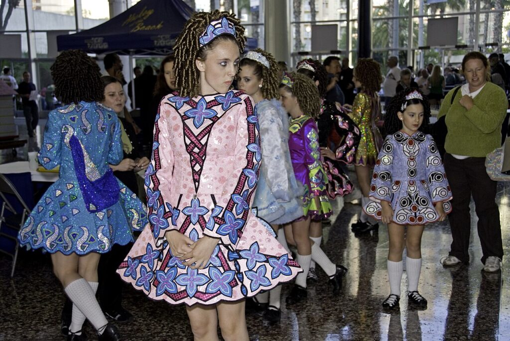 Irish step dancers in traditional costumes