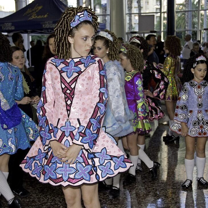 Irish step dancers in traditional costumes